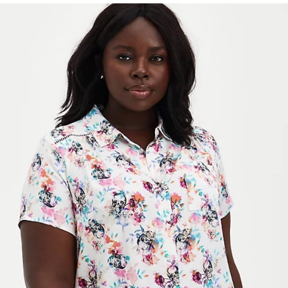 Torrid Floral Skull Stretch Challis Button Blouse
